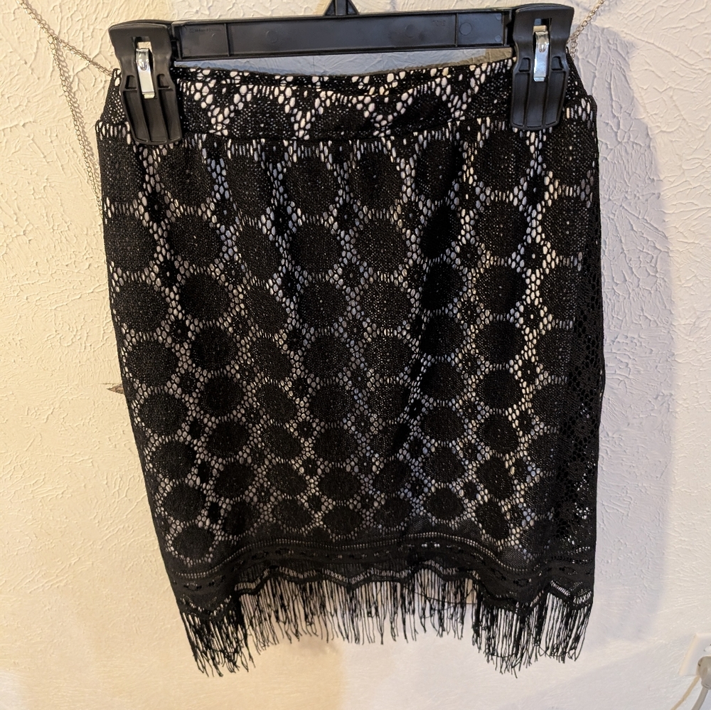 Fringe Detailed Black Lace Overlay Skirt